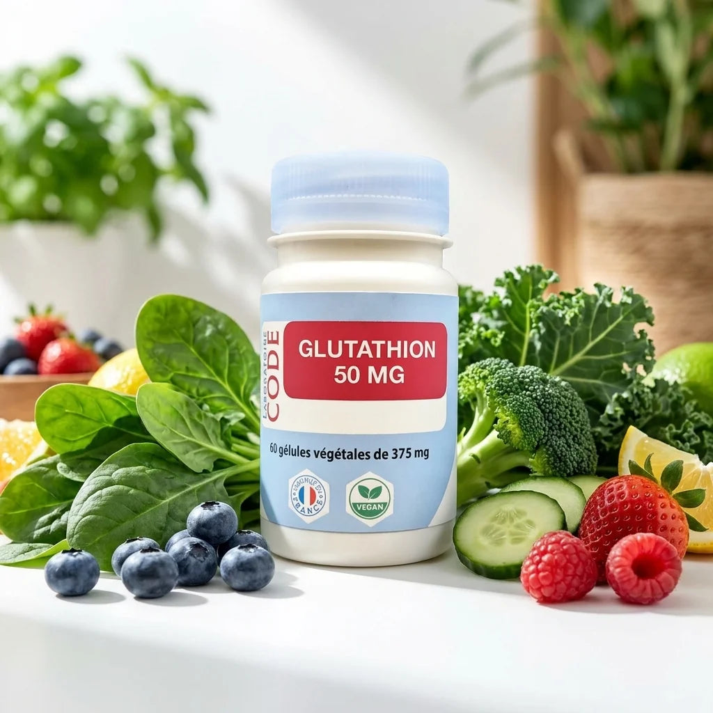 Glutathion Vegan 50mg Laboratoire Code avec fruits et légumes antioxydants sur fond blanc