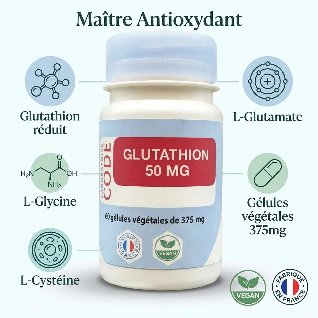 Glutathion vegan 50mg en gélules végétales avec ingrédients clés et certification française