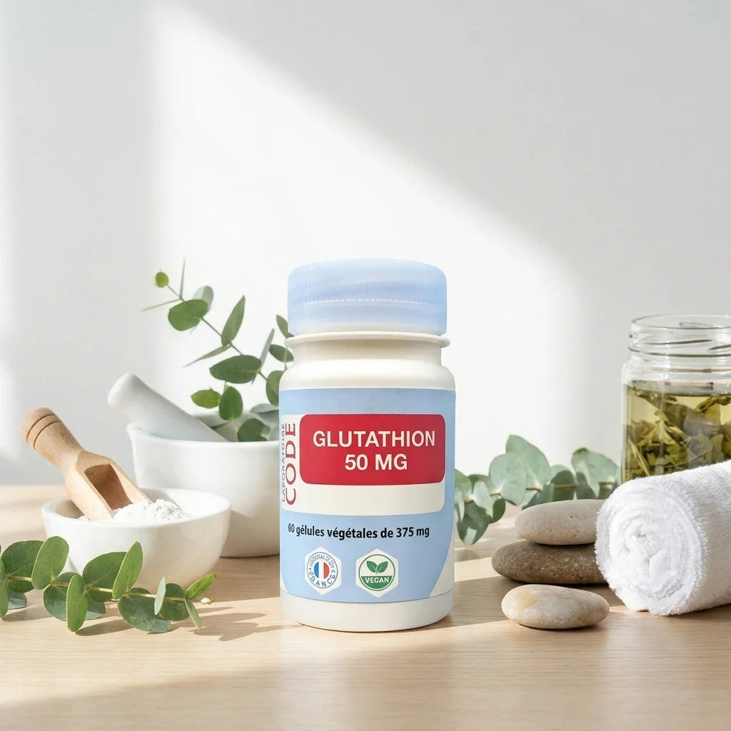 Glutathion vegan 50mg en gélules avec botaniques et ambiance bien-être