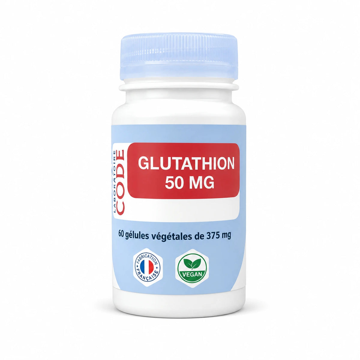 Glutathion vegan 50 mg en gélules - flacon avec bouchon bleu et étiquette rouge