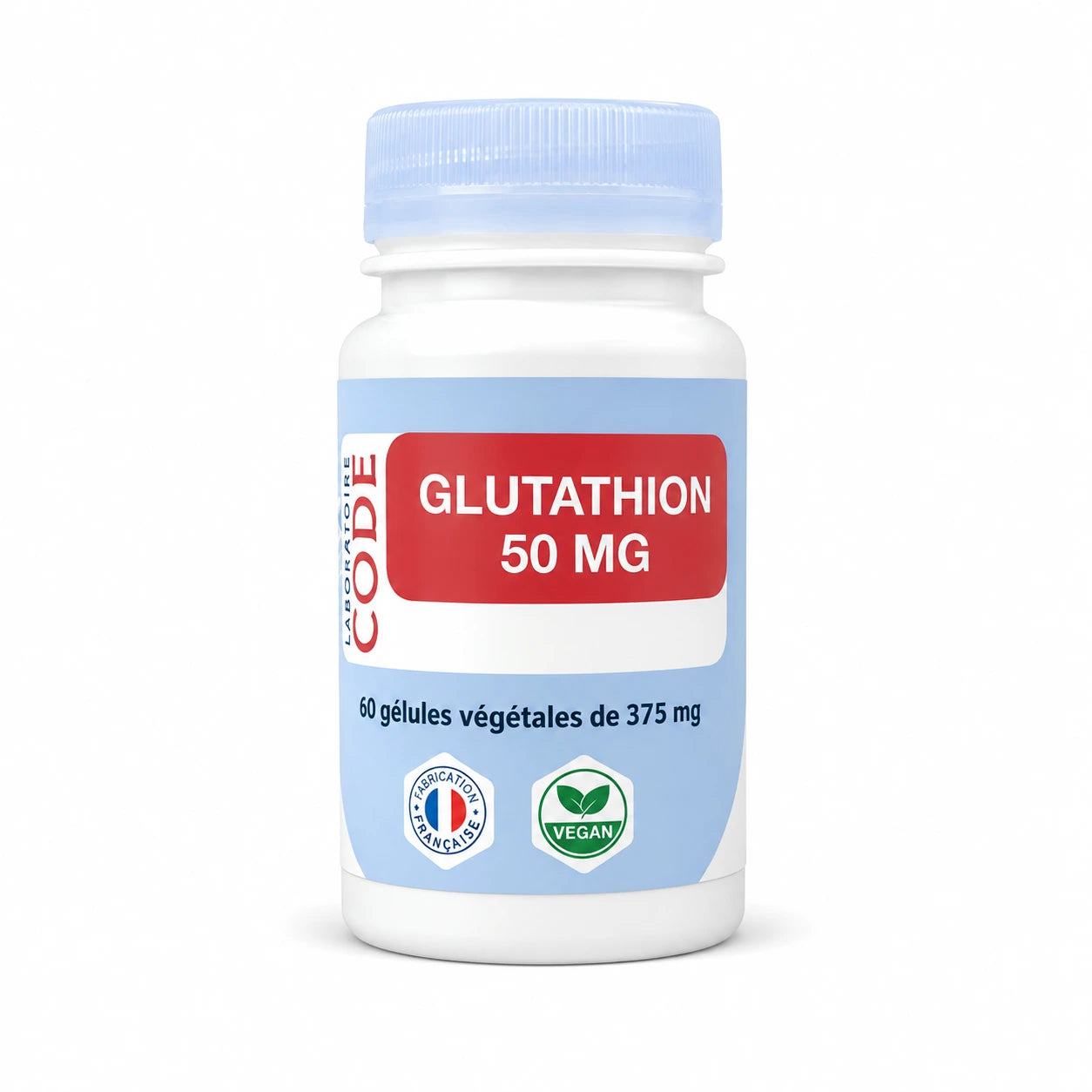 Glutathion vegan 50 mg en gélules - flacon avec bouchon bleu et étiquette rouge