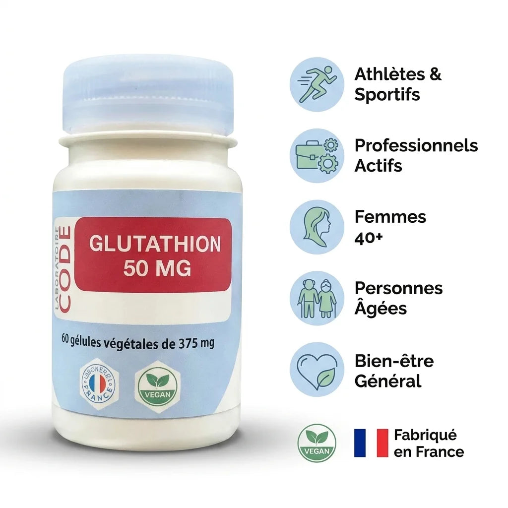 Glutathion vegan 50 mg en gélules avec infographie des bénéfices pour athlètes, professionnels et bien-être