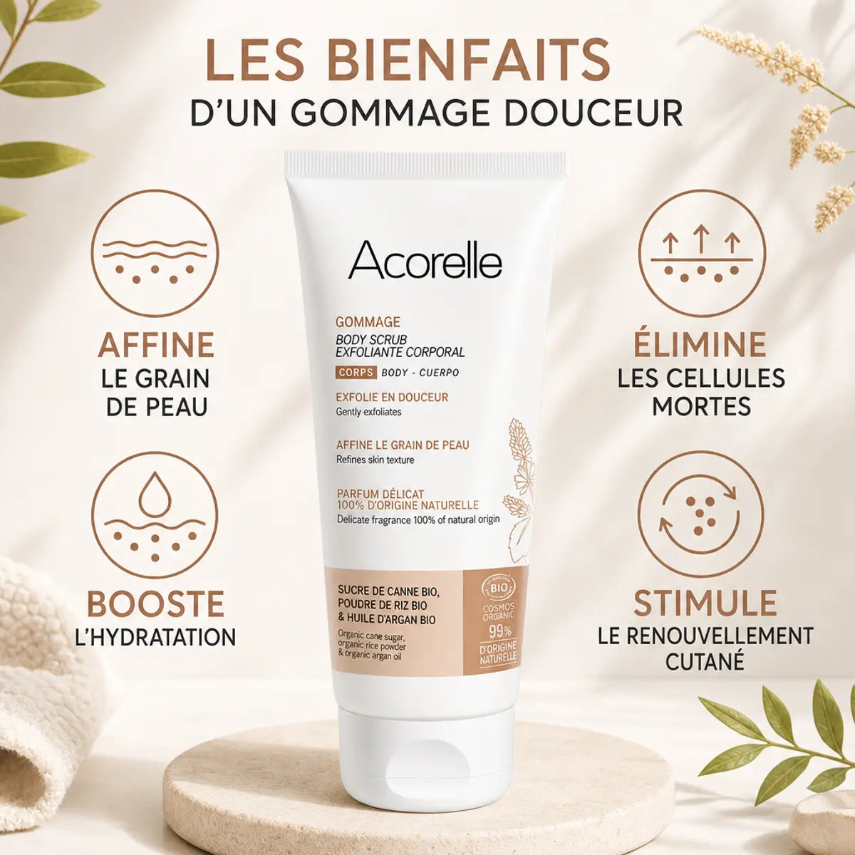 Gommage corps bio Acorelle 200ml avec bénéfices : affine grain peau, élimine cellules mortes, hydrate
