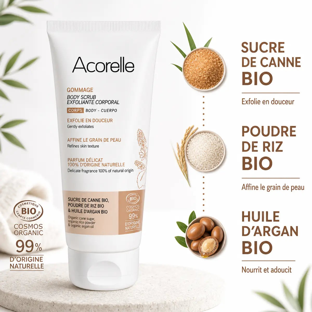 Gommage corps bio Acorelle 200ml avec ingrédients sucre canne, poudre riz et huile argan
