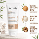 Gommage corps bio Acorelle 200ml avec ingrédients sucre canne, poudre riz et huile argan