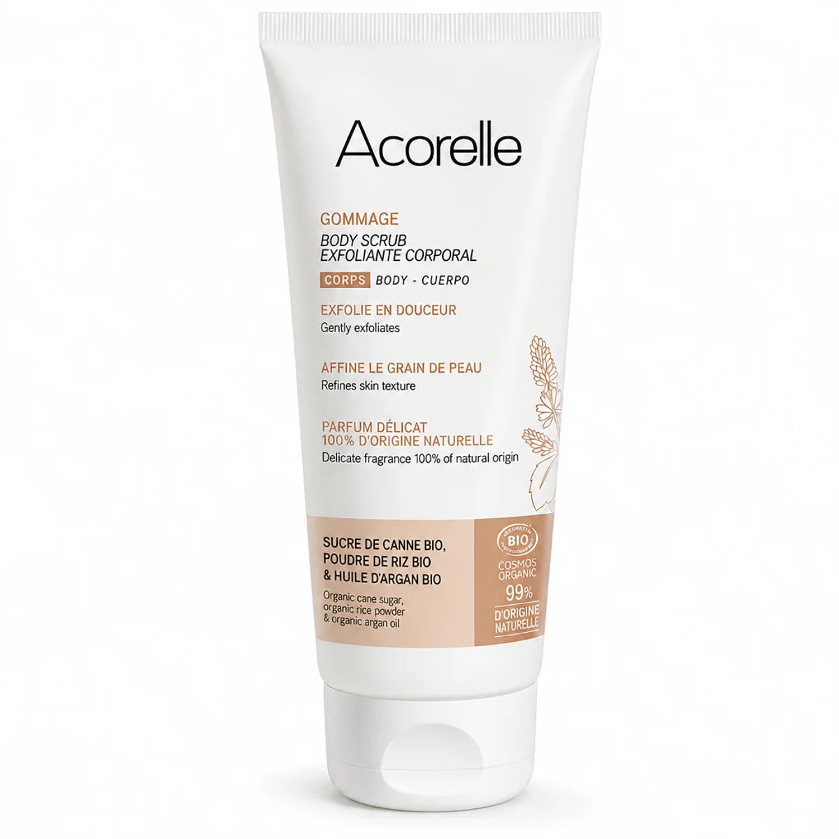 Gommage corps bio Acorelle 200ml tube blanc sur fond blanc, cosmétique naturel