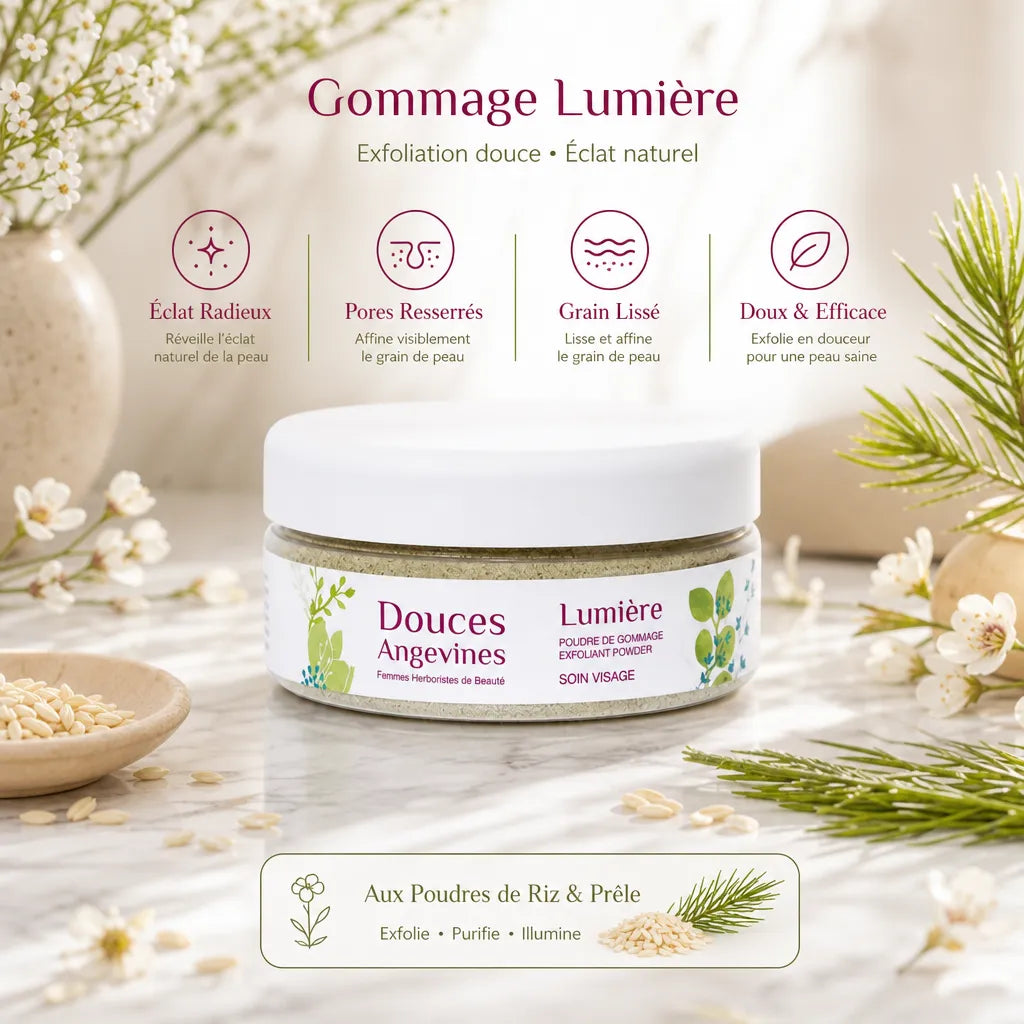 Gommage Lumière Douces Angevines bio avec fleurs blanches et bénéfices : éclat, pores resserrés, grain lissé