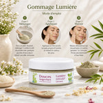 Gommage Lumière bio Douces Angevines avec guide d'utilisation en 3 étapes sur surface marbre