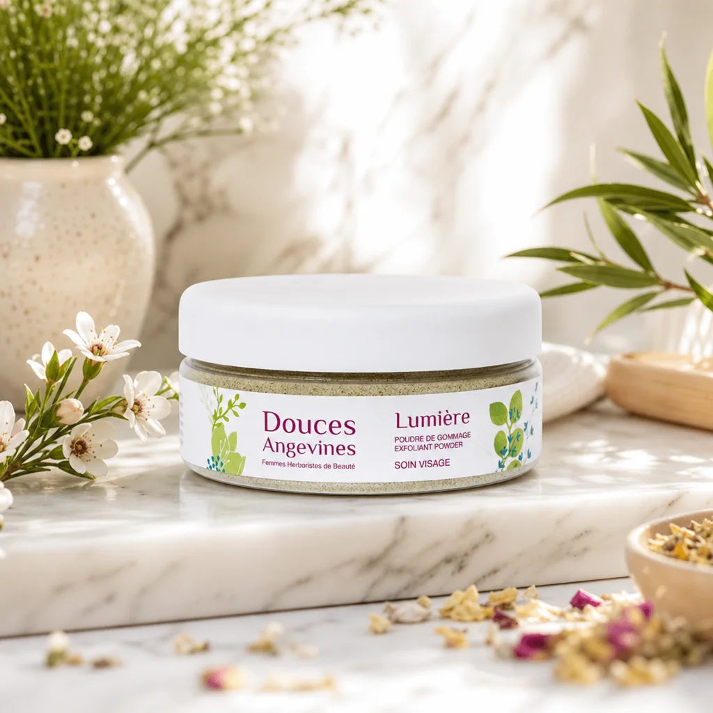 Gommage Lumière bio Douces Angevines dans son pot blanc avec fleurs séchées et marbre