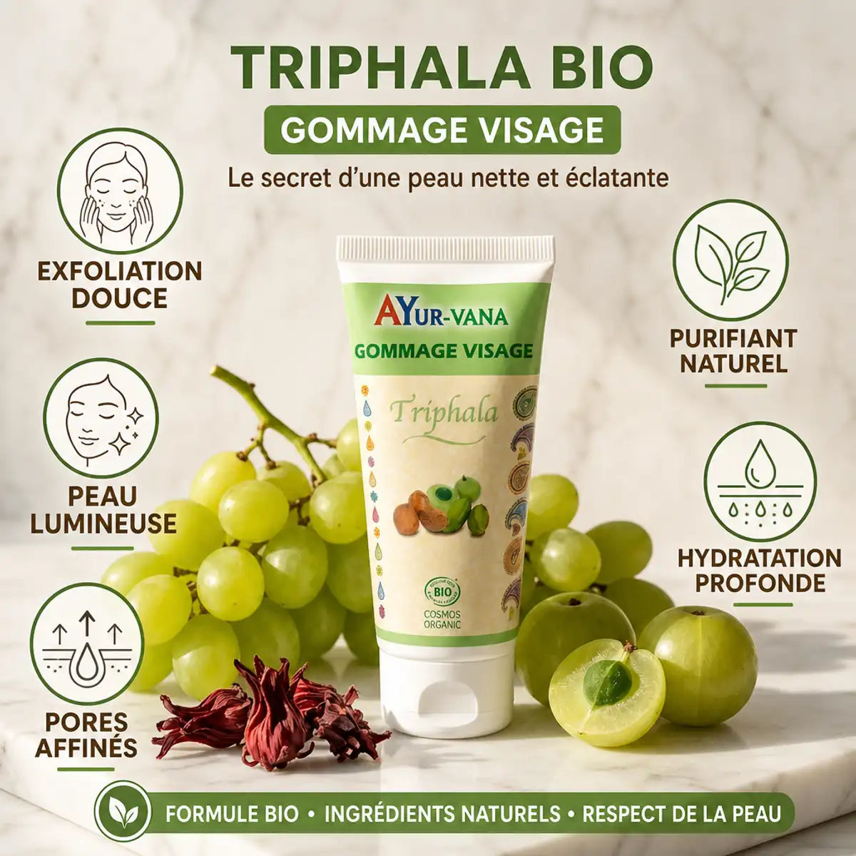 Gommage visage Triphala Bio Ayurvana avec bénéfices : exfoliation, peau lumineuse, pores affinés