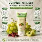 Gommage Visage Triphala Bio Ayurvana avec guide d'utilisation et ingrédients naturels