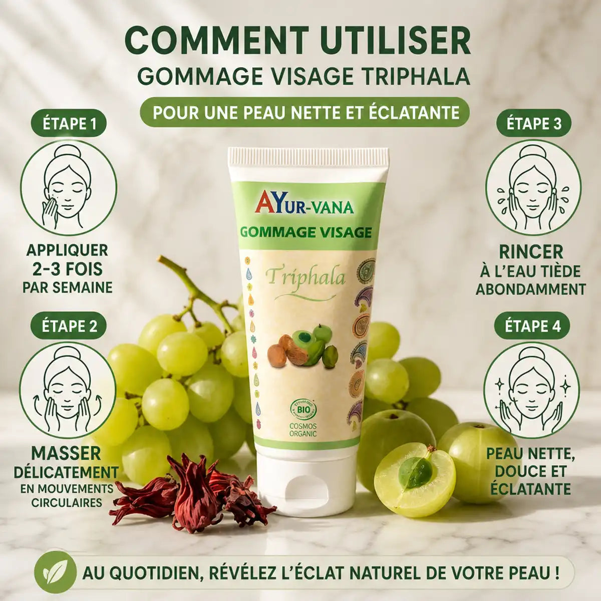 Gommage Visage Triphala Bio Ayurvana avec guide d'utilisation et ingrédients naturels