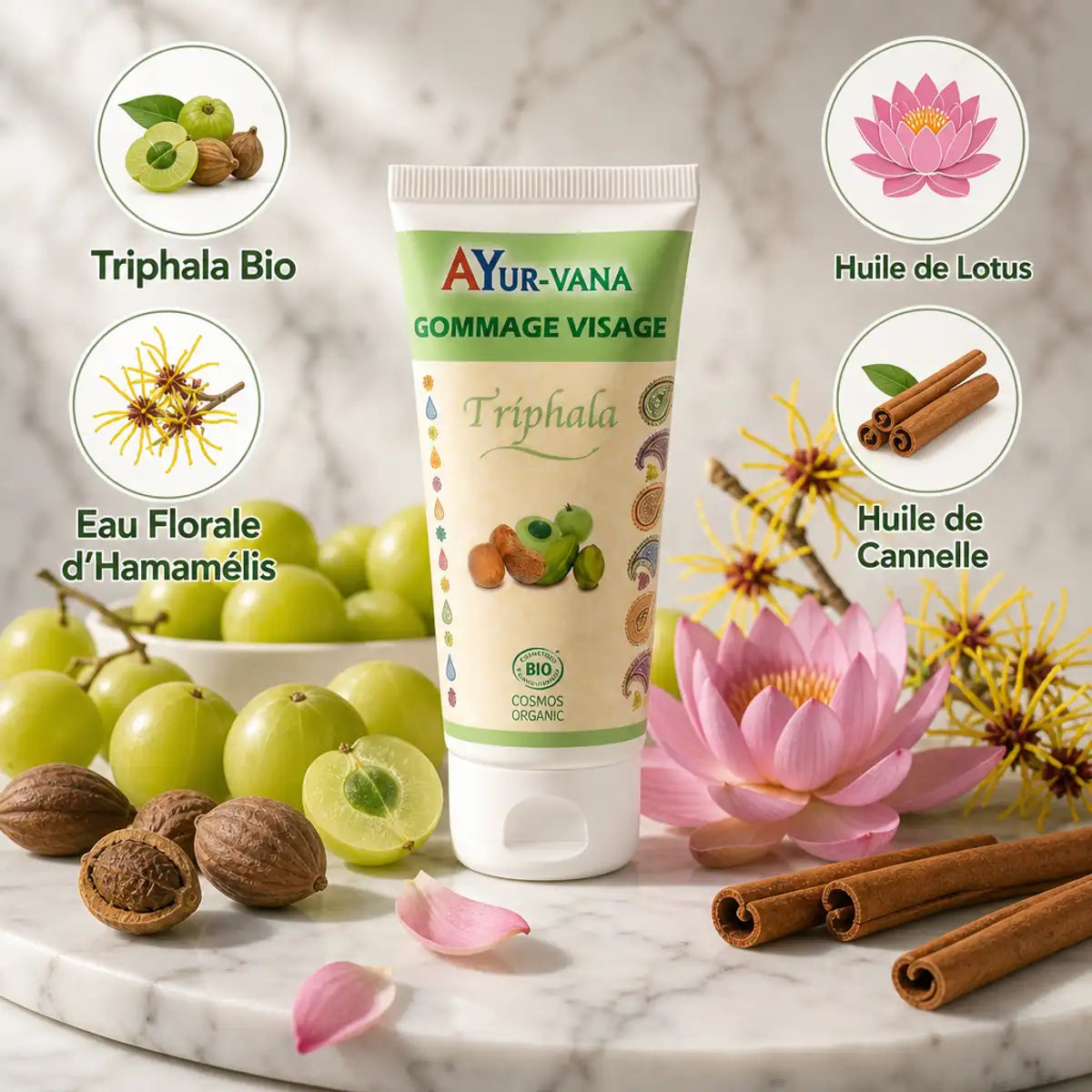 Gommage visage Triphala bio Ayurvana avec ingrédients botaniques et certification Cosmos