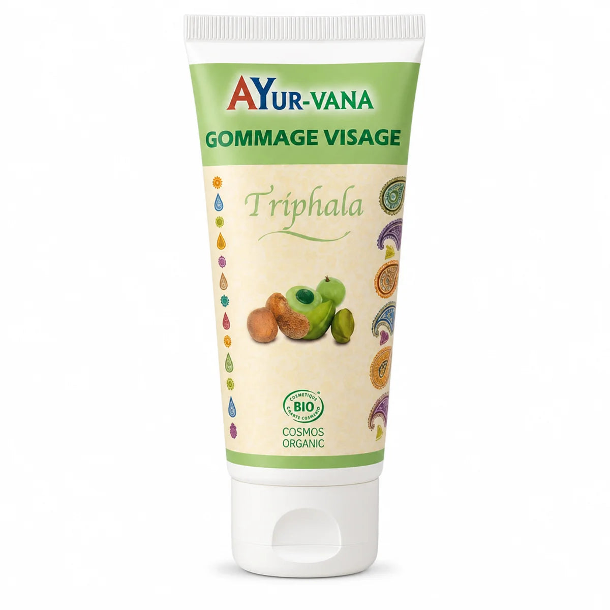 Gommage Visage au Triphala Bio Ayurvana - tube produit cosmétique naturel sur fond blanc