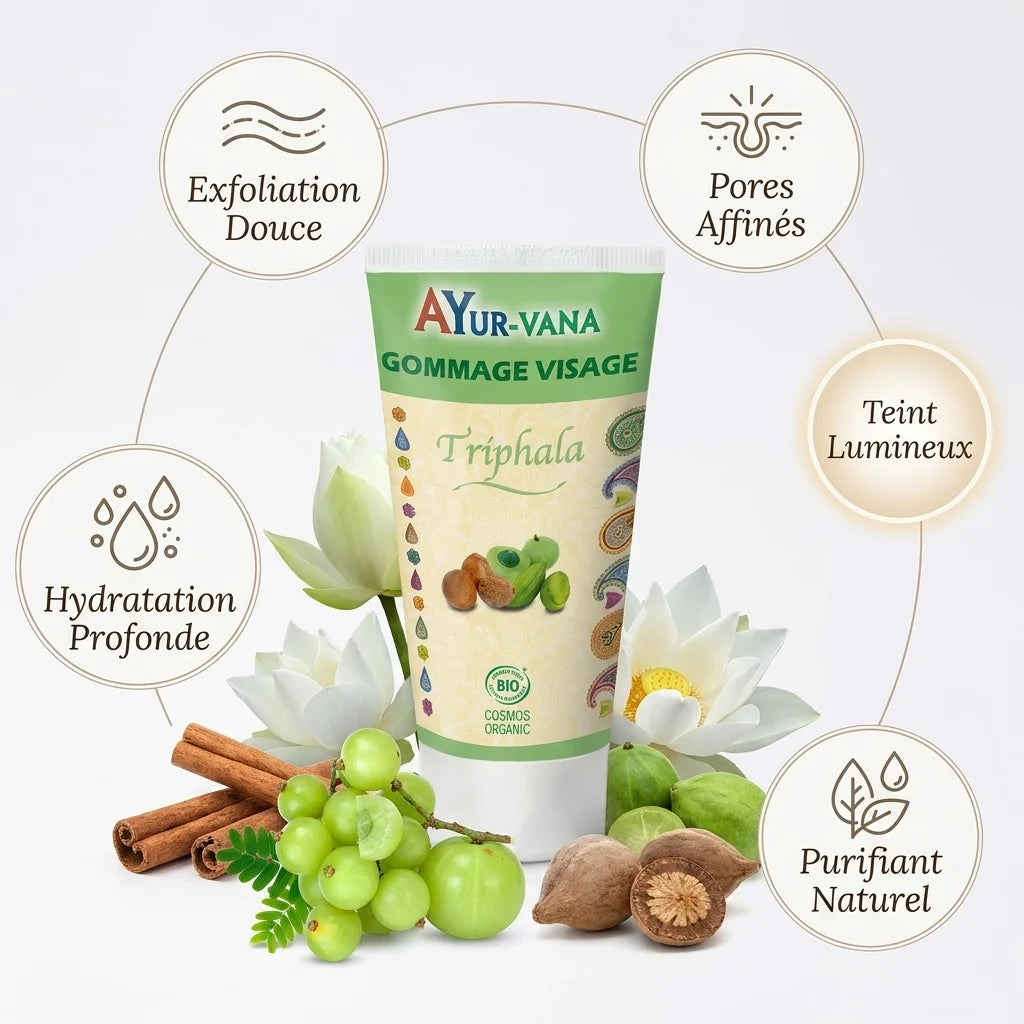 Gommage visage Triphala bio Ayurvana avec bénéfices : exfoliation, pores affinés, teint lumineux