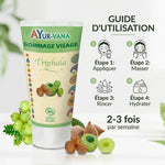 Gommage visage Triphala bio Ayurvana avec guide d'utilisation et ingrédients naturels