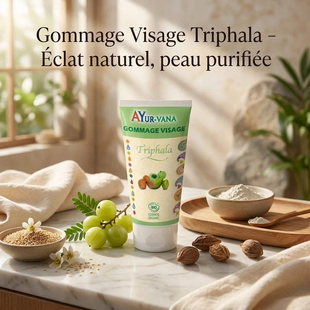 Gommage visage Triphala bio Ayurvana avec ingrédients naturels sur vanité spa luxe