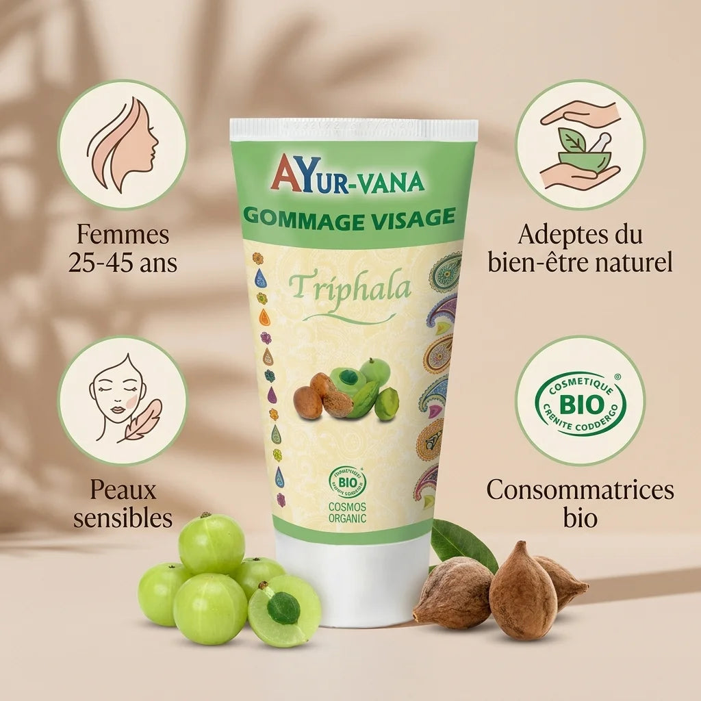 Gommage visage Triphala bio Ayurvana avec ingrédients naturels et certification Cosmos