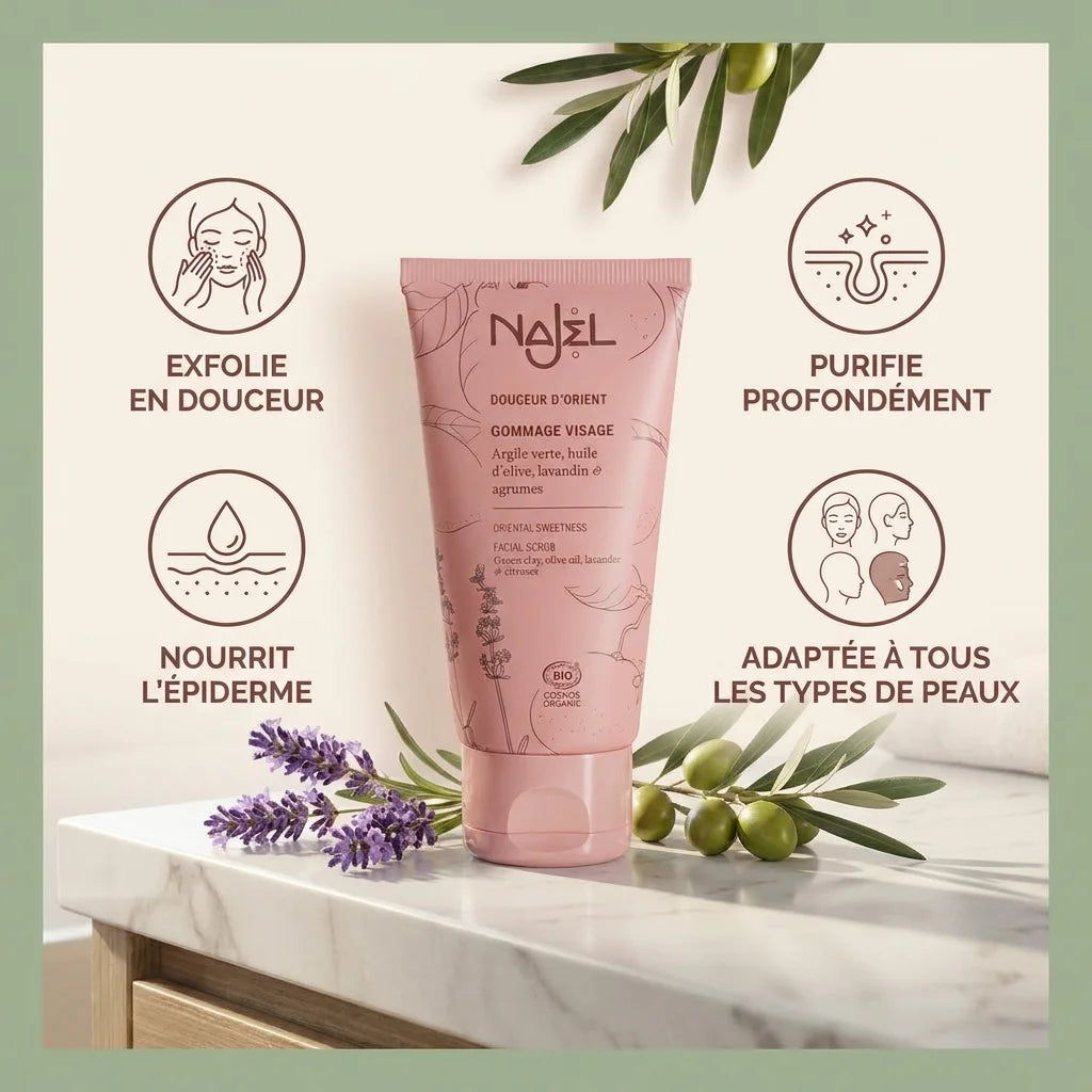 Gommage visage Najel Douceur d'Orient - tube rose avec bénéfices et ingrédients naturels