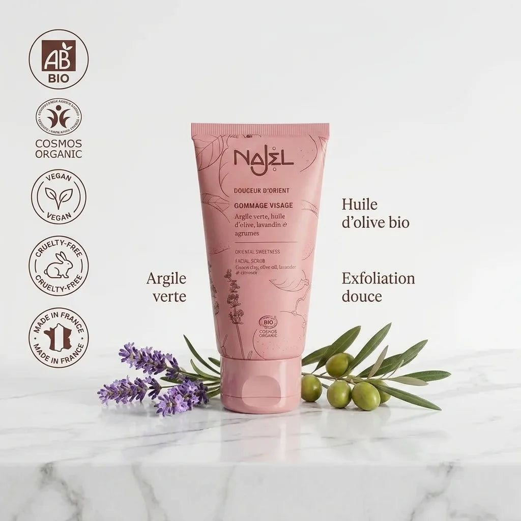 Gommage visage bio Douceur d'Orient Najel avec certifications AB, Cosmos Organic et vegan