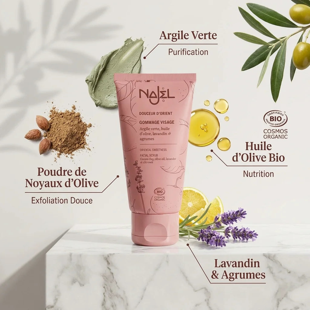 Gommage visage bio Douceur d'Orient Najel avec ingrédients naturels argile verte et huile d'olive