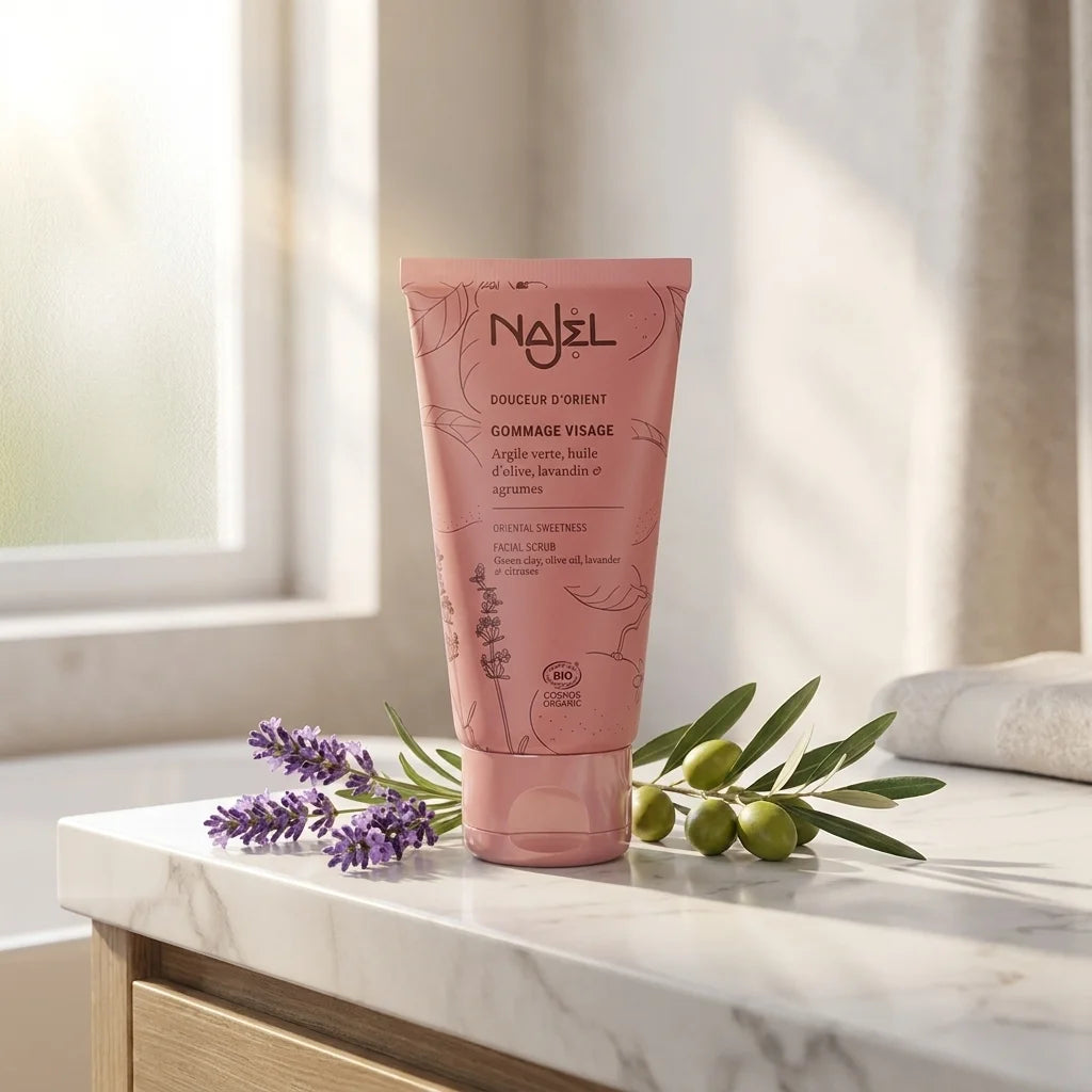 Gommage visage bio Najel Douceur d'Orient tube rose sur marbre blanc avec lavande