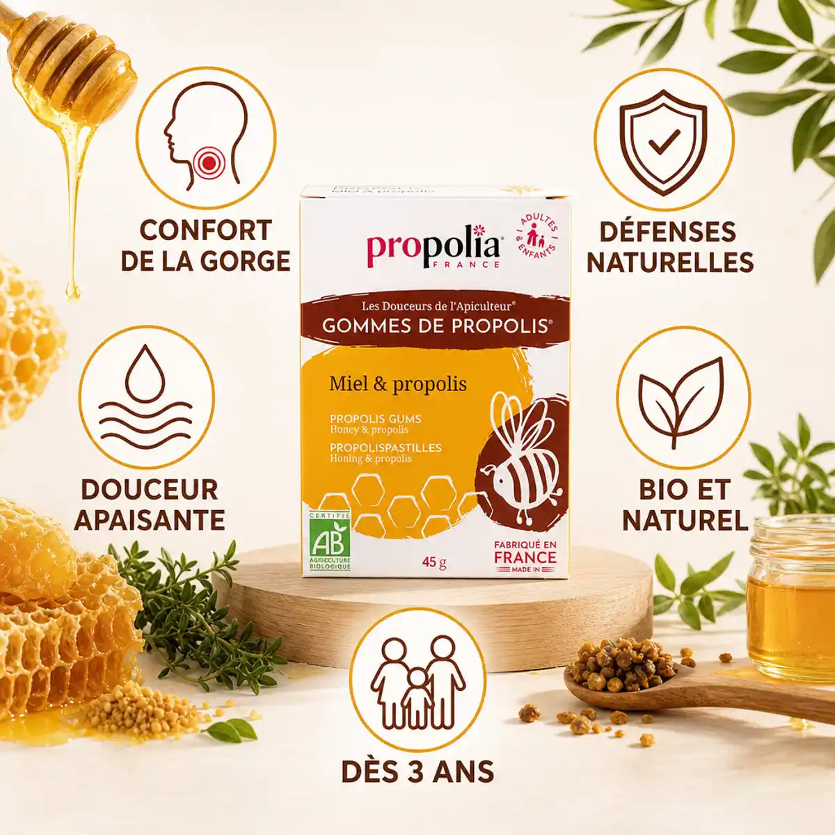 Gommes bio Propolia miel et propolis avec bénéfices : confort gorge, défenses naturelles, dès 3 ans