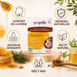 Gommes bio Propolia miel et propolis avec bénéfices : confort gorge, défenses naturelles, dès 3 ans