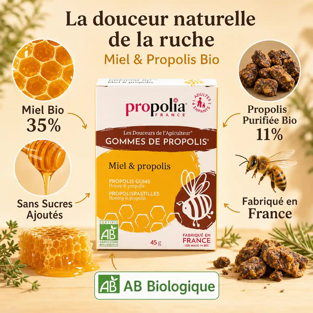 Gommes bio Propolia miel et propolis avec ingrédients naturels, miel 35%, sans sucres ajoutés