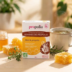 Gommes bio Propolia miel et propolis avec rayon de miel et tisane chaude
