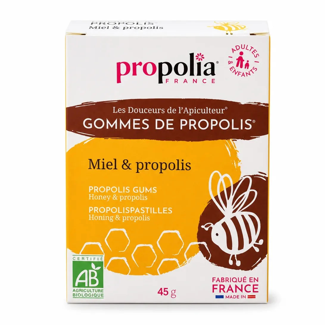 Gommes bio Propolia à base de propolis et miel, boîte sur fond blanc