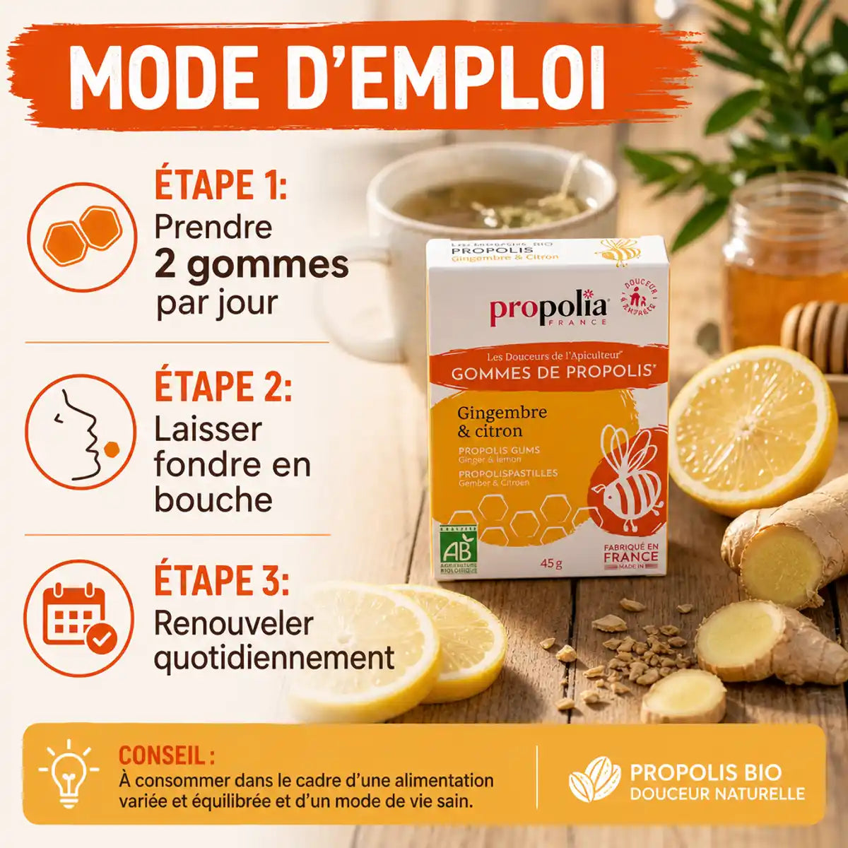 Gommes propolis bio gingembre citron Propolia avec mode d'emploi et ingrédients naturels