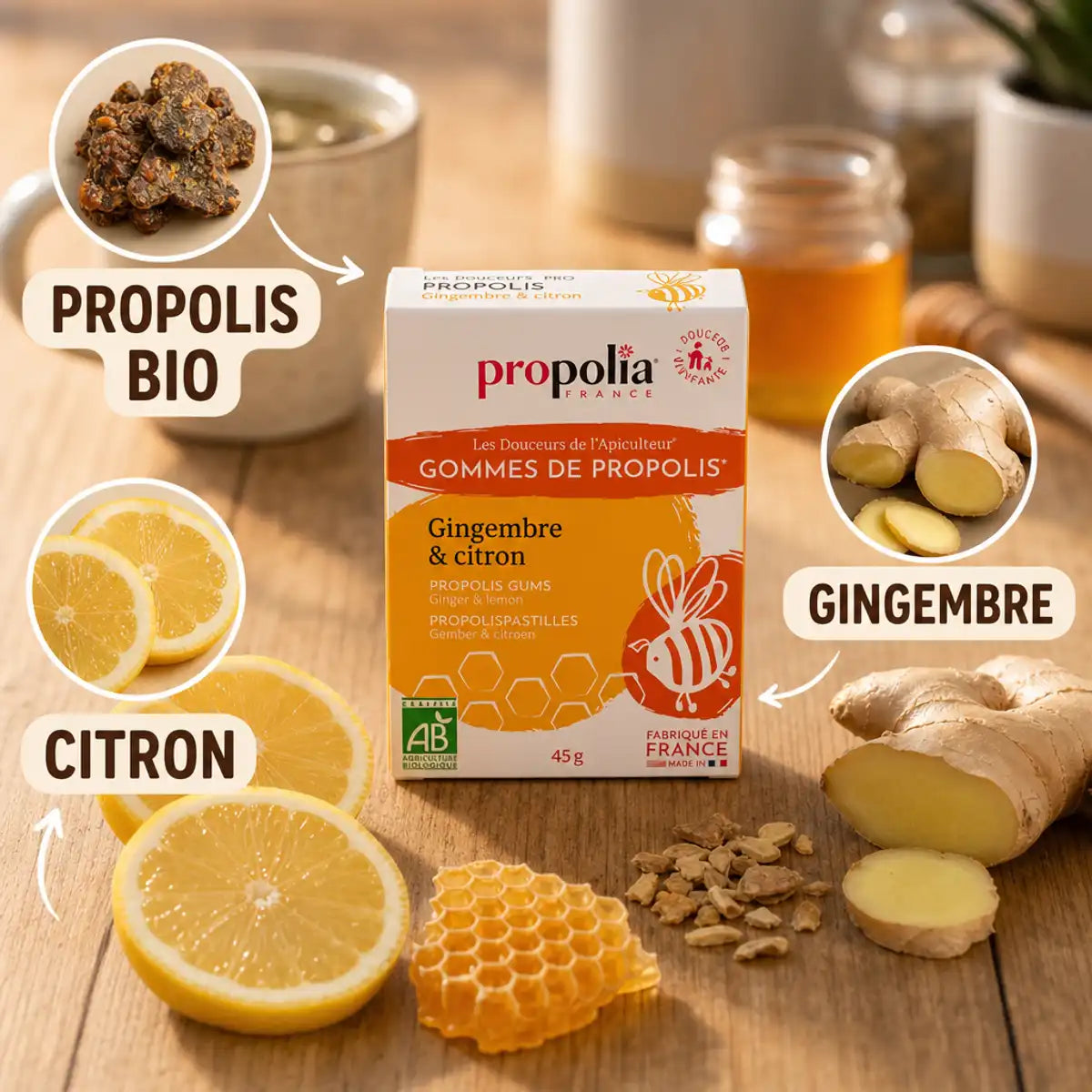 Gommes Propolis Bio Gingembre Citron Propolia avec ingrédients naturels sur fond bois