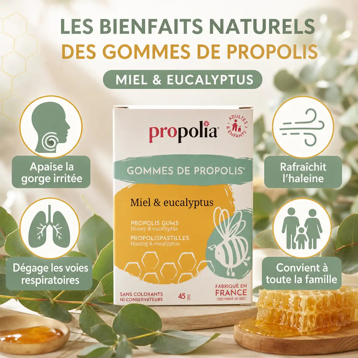 Gommes Propolis Miel Eucalyptus Propolia avec 4 bénéfaits : gorge, respiration, haleine, famille