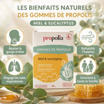 Gommes Propolis Miel Eucalyptus Propolia avec 4 bénéfaits : gorge, respiration, haleine, famille