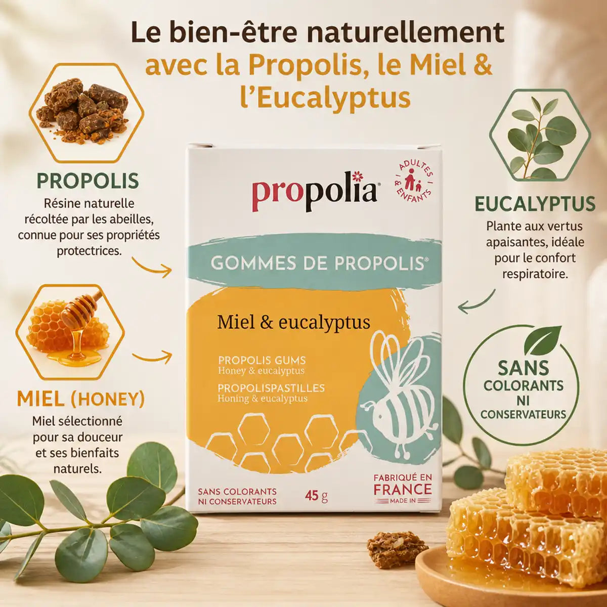 Gommes Propolis Miel Eucalyptus Propolia - Packaging produit et ingrédients naturels