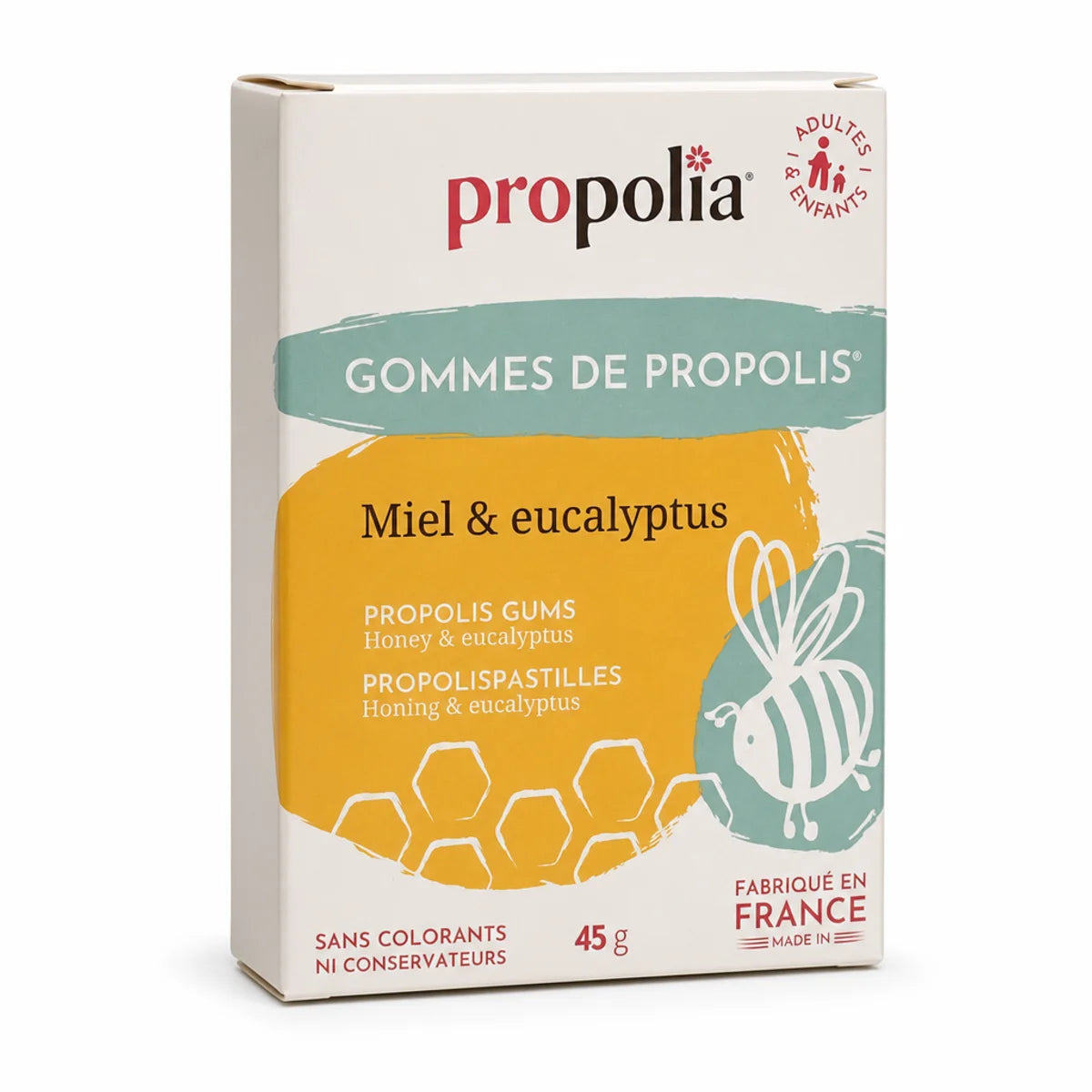Gommes de propolis miel et eucalyptus Propolia - Boîte produit sur fond blanc