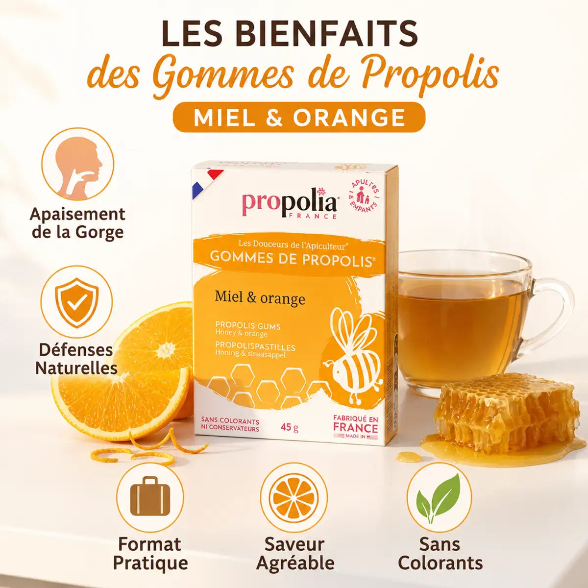 Gommes Propolis Miel Orange Propolia avec bénéfices: apaisement gorge, défenses naturelles, format pratique