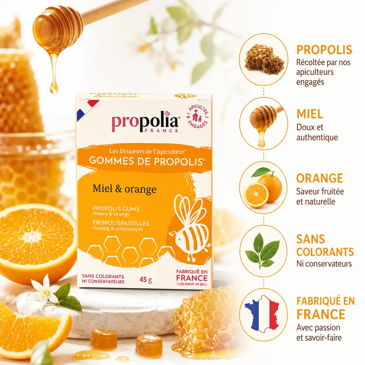 Gommes Propolis Miel Orange Propolia avec ingrédients naturels et certification France