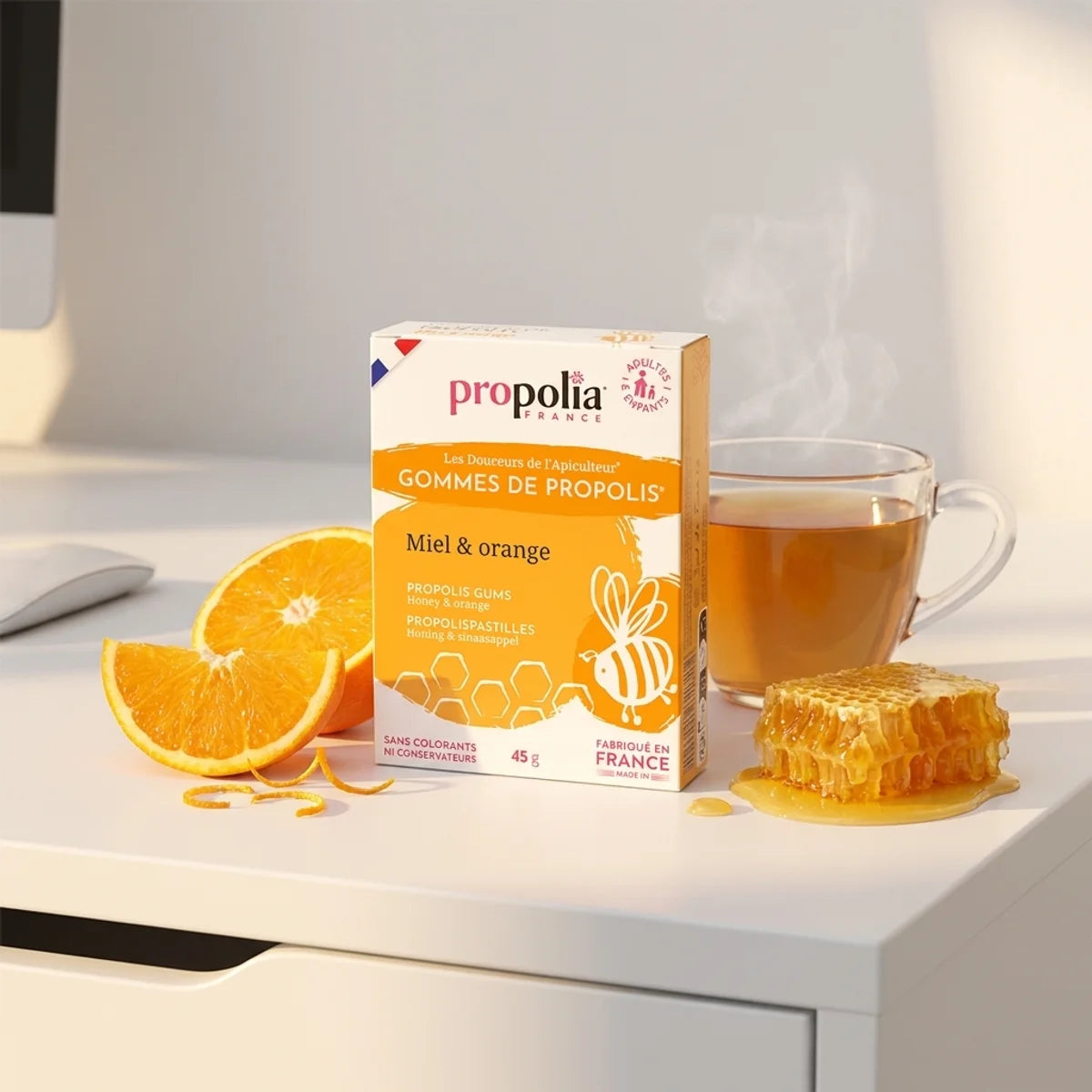 Gommes Propolia miel orange avec tasse de thé et tranches d'orange frais sur bureau blanc
