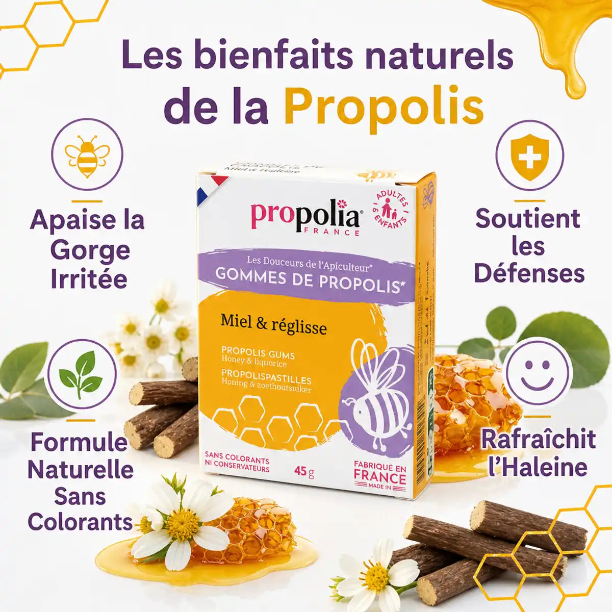 Gommes Propolis Miel Réglisse Propolia - Défenses naturelles et gorge apaisée