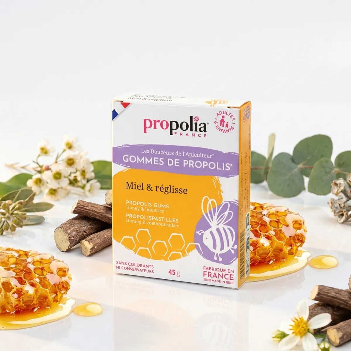 Gommes Propolis Miel Réglisse Propolia avec rayon miel et bâtons réglisse