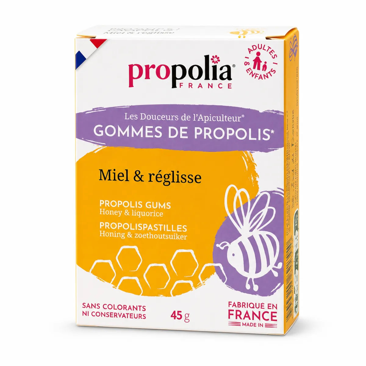 Gommes de Propolis Miel et Réglisse Propolia - boîte de produit sur fond blanc