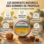 Gommes Propolia propolis miel eucalyptus bio avec icônes bénéfices : gorge, respiration, protection naturelle