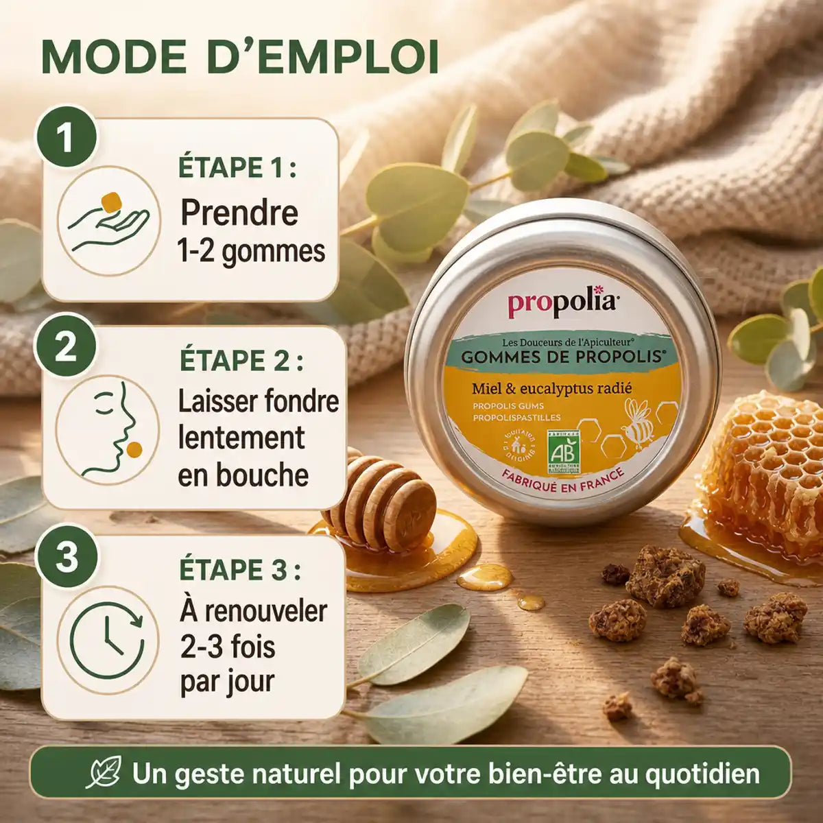 Gommes Propolis Miel Eucalyptus Bio Propolia - Mode d'emploi et utilisation