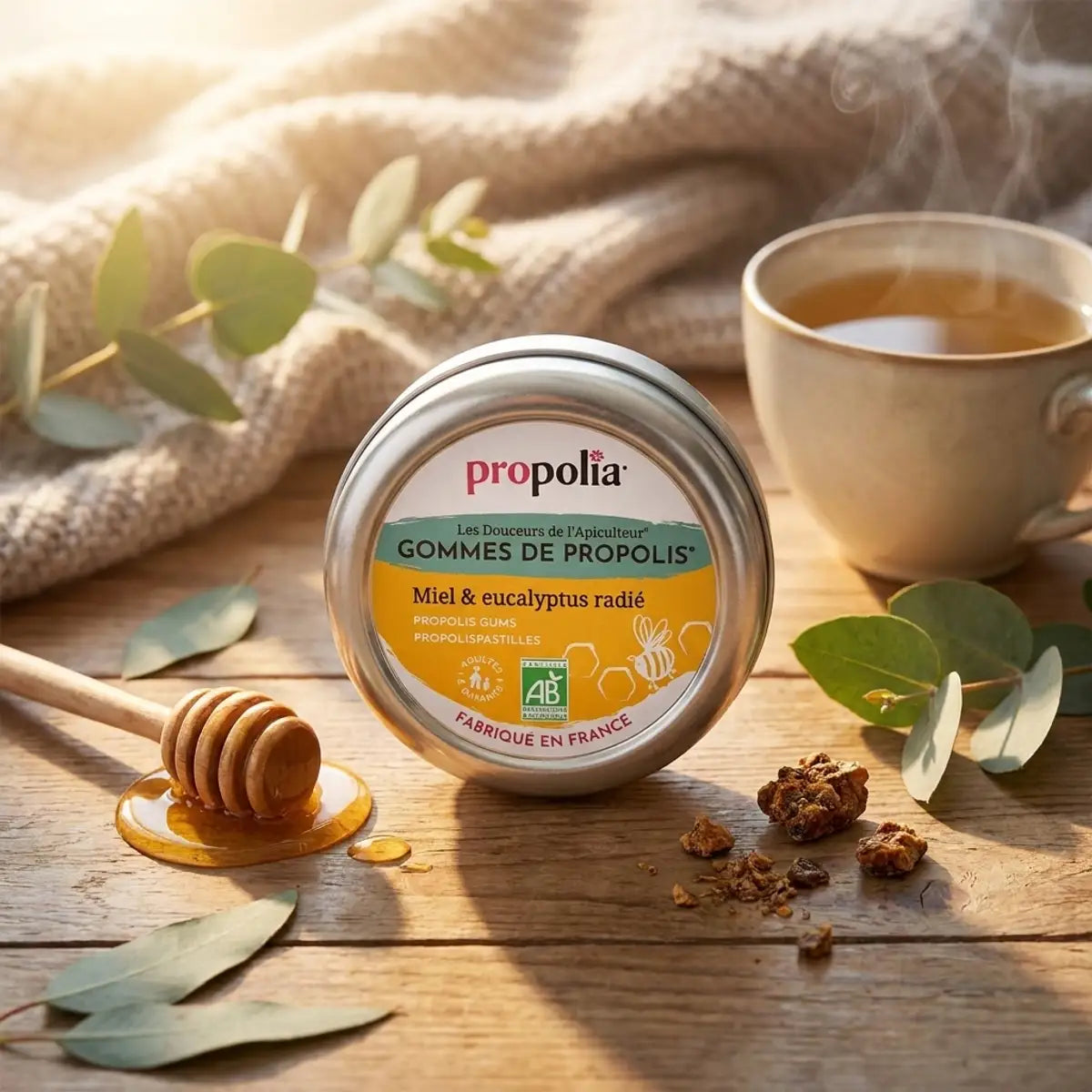 Gommes Propolia Propolis Miel Eucalyptus Bio en boîte, feuilles eucalyptus et miel frais