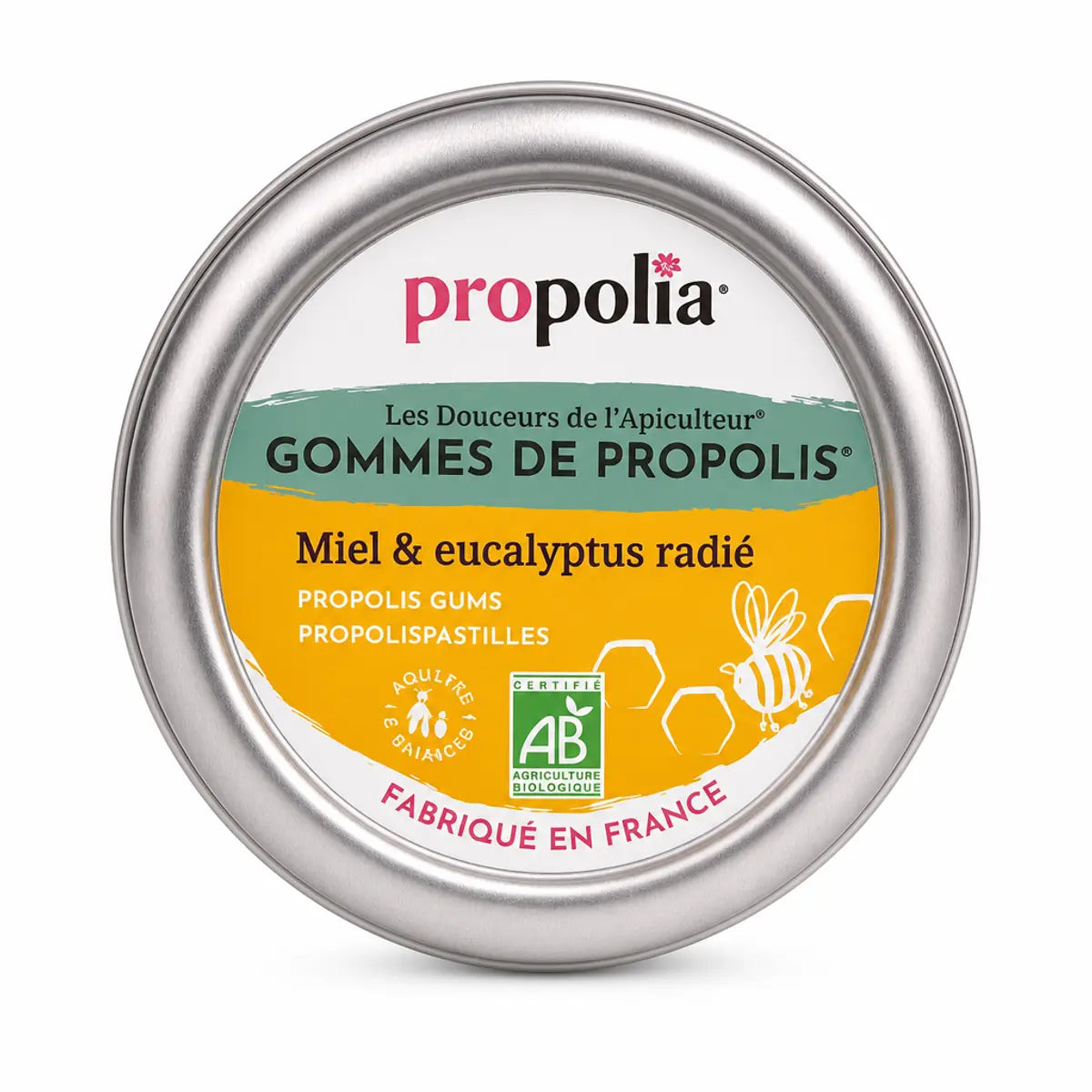 Gommes Propolis Miel Eucalyptus Radié Bio Propolia en pot verre sur fond blanc