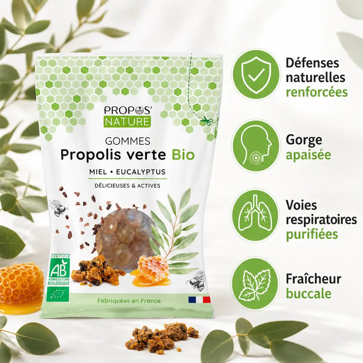 Gommes Miel & Propolis verte Bio Propos'Nature avec bénéfices : défenses, gorge, respiratoires, fraîcheur