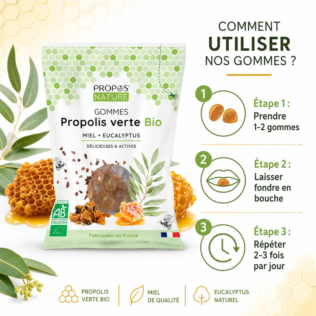 Gommes Miel Propolis verte Bio Propos'Nature avec guide d'utilisation 3 étapes