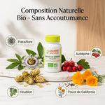 Flacon de gélules Graines de Sommeil Bio vegan avec ingrédients botaniques : passiflore, houblon, aubépine et pavot de Californie